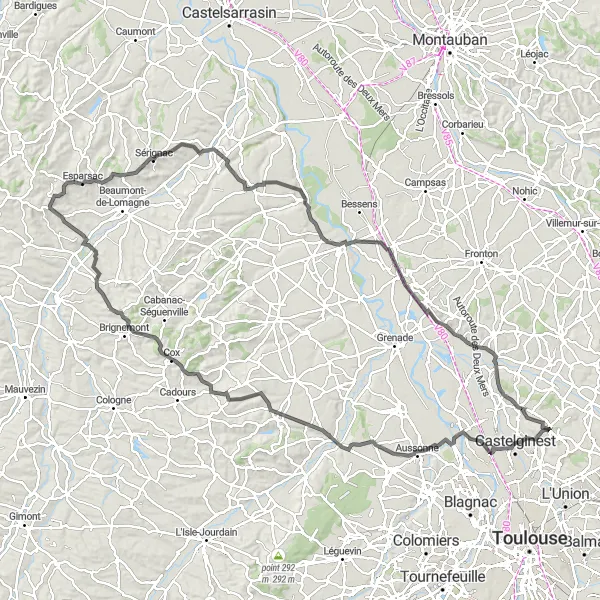 Miniaturní mapa "Okružní cyklistická trasa kolem Pechbonnieu" inspirace pro cyklisty v oblasti Midi-Pyrénées, France. Vytvořeno pomocí plánovače tras Tarmacs.app