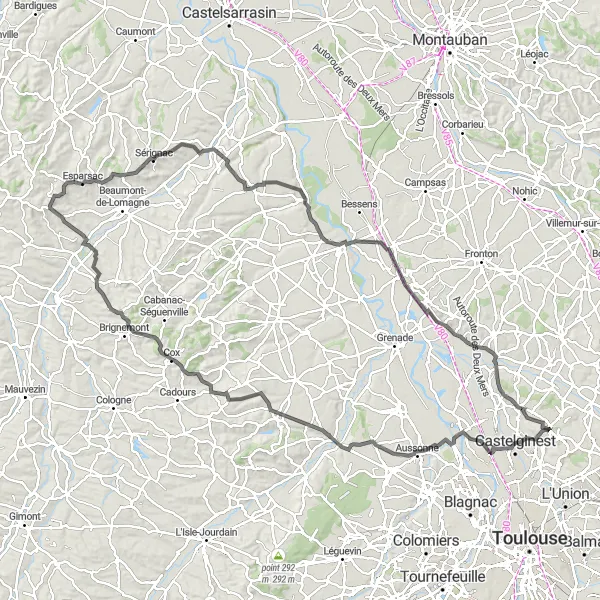 Mapa miniatúra "Trasa cez Aussonne, Bretx, Brignemont, Table d'orientation, Glatens, Larrazet, Dieupentale, Castelnau-d'Estrétefonds a Bruguières" cyklistická inšpirácia v Midi-Pyrénées, France. Vygenerované cyklistickým plánovačom trás Tarmacs.app