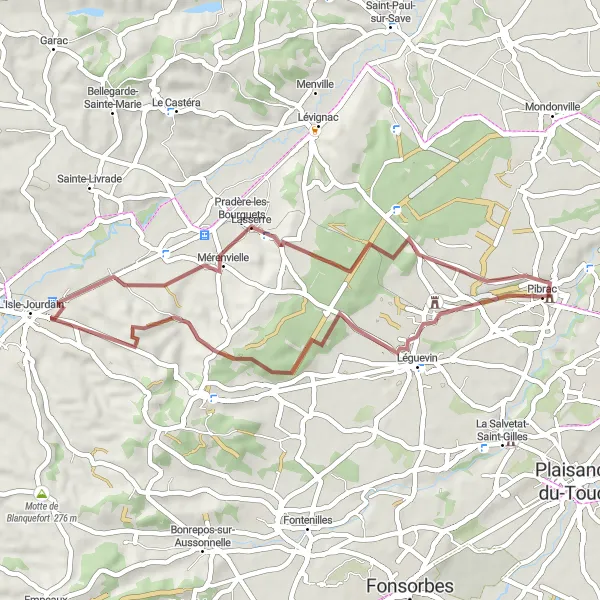 Map miniature of "Pibrac Gravel Adventure" cycling inspiration in Midi-Pyrénées, France. Generated by Tarmacs.app cycling route planner