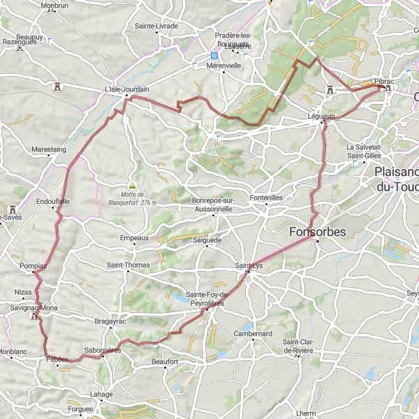 Mapa miniatúra "Gravelová jazda cez Sainte-Foy-de-Peyrolières a L'Isle-Jourdain" cyklistická inšpirácia v Midi-Pyrénées, France. Vygenerované cyklistickým plánovačom trás Tarmacs.app