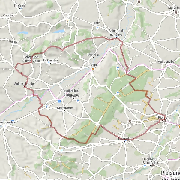 Map miniature of "Scenic Gravel Adventure near Pibrac" cycling inspiration in Midi-Pyrénées, France. Generated by Tarmacs.app cycling route planner