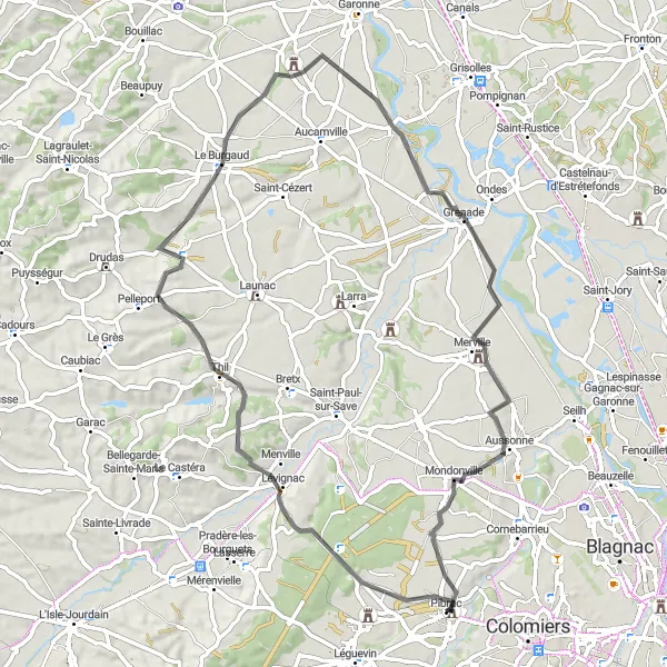 Kartminiatyr av "Kulturelle høydepunkter fra Pibrac til Menville" sykkelinspirasjon i Midi-Pyrénées, France. Generert av Tarmacs.app sykkelrutoplanlegger