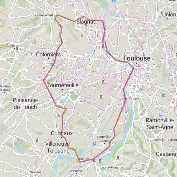 Miniatua del mapa de inspiración ciclista "Ruta de ciclismo de grava desde Pinsaguel" en Midi-Pyrénées, France. Generado por Tarmacs.app planificador de rutas ciclistas