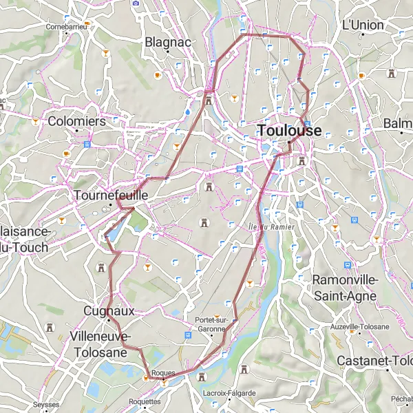 Miniatuurkaart van de fietsinspiratie "Gravelroute rond Tournefeuille en Toulouse" in Midi-Pyrénées, France. Gemaakt door de Tarmacs.app fietsrouteplanner