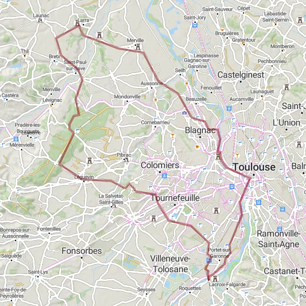 Miniatua del mapa de inspiración ciclista "Exploración en Gravel desde Pinsaguel a Toulouse" en Midi-Pyrénées, France. Generado por Tarmacs.app planificador de rutas ciclistas