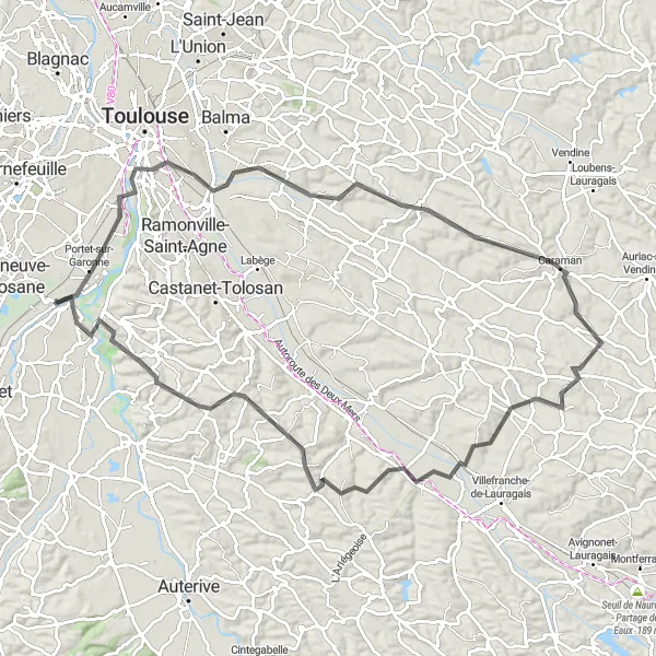 Miniature de la carte de l'inspiration cycliste "Découverte épique de Portet-sur-Garonne à Pinsaguel" dans la Midi-Pyrénées, France. Générée par le planificateur d'itinéraire cycliste Tarmacs.app