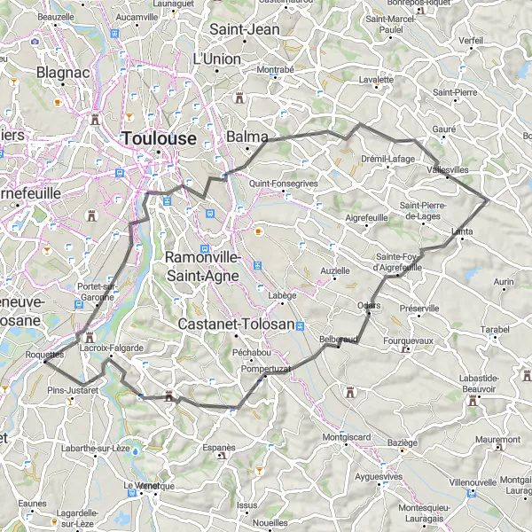 Miniature de la carte de l'inspiration cycliste "Boucle à vélo de Pinsaguel à Portet-sur-Garonne" dans la Midi-Pyrénées, France. Générée par le planificateur d'itinéraire cycliste Tarmacs.app