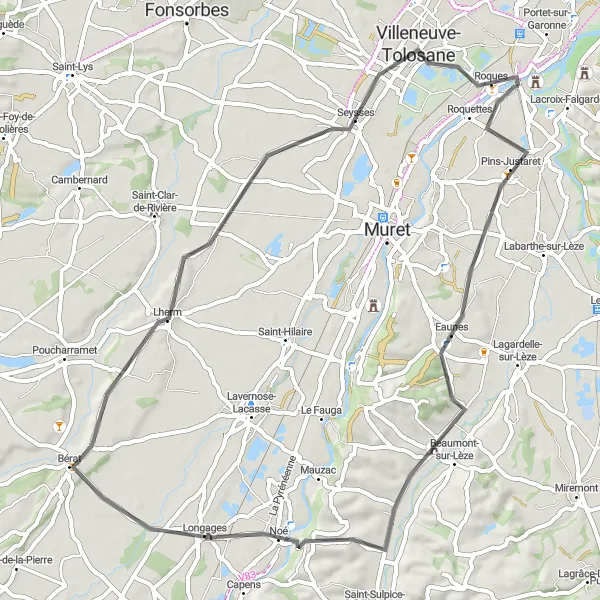 Miniaturní mapa "Okružní cyklistická trasa z Pinsaguelu" inspirace pro cyklisty v oblasti Midi-Pyrénées, France. Vytvořeno pomocí plánovače tras Tarmacs.app