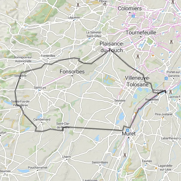 Map miniature of "Road to Roques" cycling inspiration in Midi-Pyrénées, France. Generated by Tarmacs.app cycling route planner