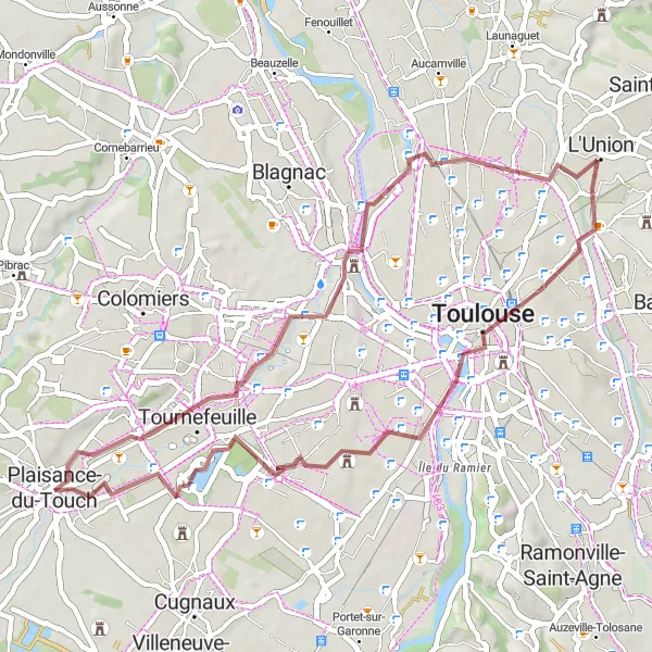 Miniaturní mapa "Gravelová dobrodružná trasa směrem k Plaisance-du-Touch" inspirace pro cyklisty v oblasti Midi-Pyrénées, France. Vytvořeno pomocí plánovače tras Tarmacs.app