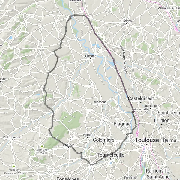 Miniatua del mapa de inspiración ciclista "Ruta de ciclismo de carretera a Verdun-sur-Garonne y Saint-Jory" en Midi-Pyrénées, France. Generado por Tarmacs.app planificador de rutas ciclistas