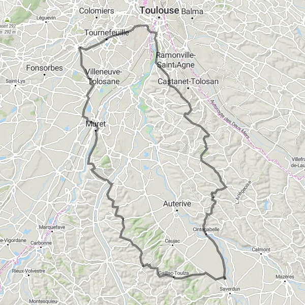 Mapa miniatúra "Okolo Plaisance-du-Touch na cestnom bicykli" cyklistická inšpirácia v Midi-Pyrénées, France. Vygenerované cyklistickým plánovačom trás Tarmacs.app