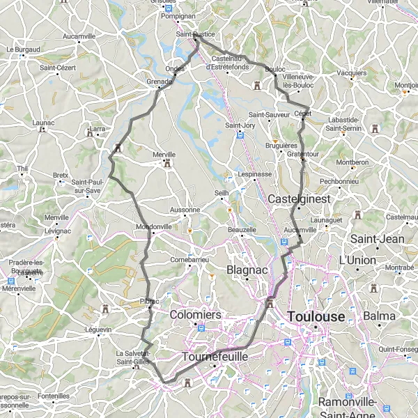 Karten-Miniaturansicht der Radinspiration "Rundkurs durch Pibrac und Grenade" in Midi-Pyrénées, France. Erstellt vom Tarmacs.app-Routenplaner für Radtouren