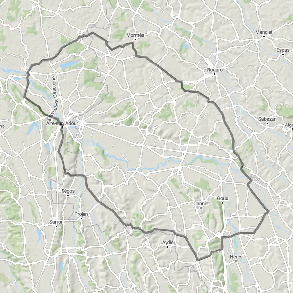 Kartminiatyr av "Kulturelle skatter i Gascony" sykkelinspirasjon i Midi-Pyrénées, France. Generert av Tarmacs.app sykkelrutoplanlegger