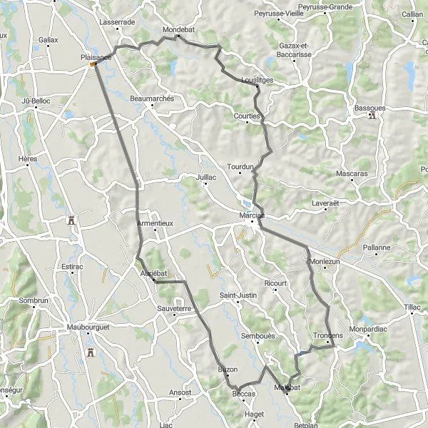 Mapa miniatúra "Okruhová cyklistická trasa cez okolie Plaisance" cyklistická inšpirácia v Midi-Pyrénées, France. Vygenerované cyklistickým plánovačom trás Tarmacs.app