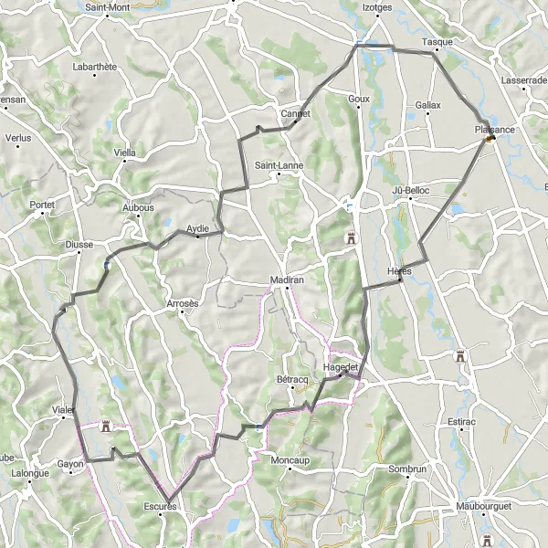 Miniature de la carte de l'inspiration cycliste "Parcours pittoresque du Gers" dans la Midi-Pyrénées, France. Générée par le planificateur d'itinéraire cycliste Tarmacs.app