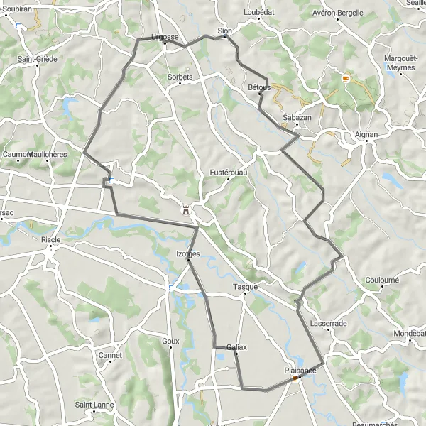 Zemljevid v pomanjšavi "Kolesarska pot okoli Plaisance" kolesarske inspiracije v Midi-Pyrénées, France. Generirano z načrtovalcem kolesarskih poti Tarmacs.app