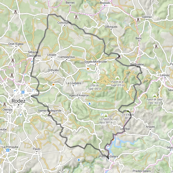 Miniaturní mapa "Kulturní okruh kolem Sébazac-Concourès" inspirace pro cyklisty v oblasti Midi-Pyrénées, France. Vytvořeno pomocí plánovače tras Tarmacs.app