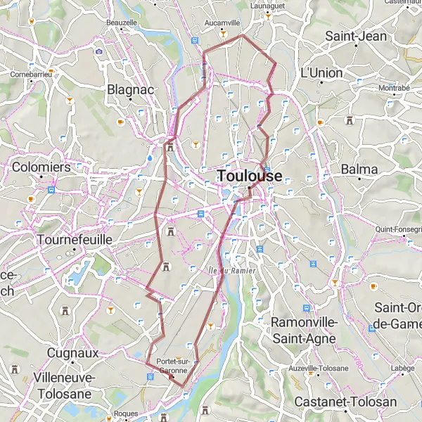 Mapa miniatúra "Trasa hliníkových bicyklov k Amfiteátru a Termám Rimanov v Purpan-Ancely" cyklistická inšpirácia v Midi-Pyrénées, France. Vygenerované cyklistickým plánovačom trás Tarmacs.app