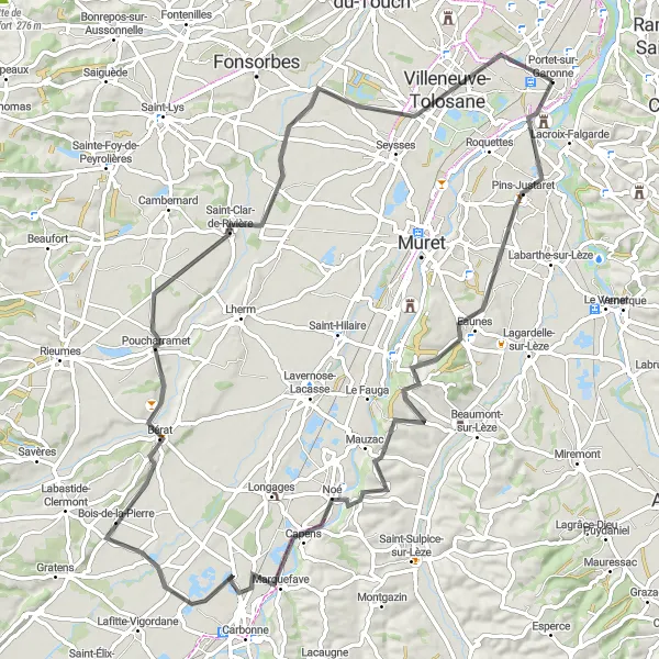 Miniatuurkaart van de fietsinspiratie "Rondrit van Portet-sur-Garonne naar Villeneuve-Tolosane" in Midi-Pyrénées, France. Gemaakt door de Tarmacs.app fietsrouteplanner