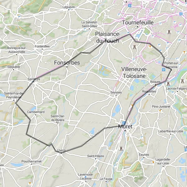 Miniatua del mapa de inspiración ciclista "Otra ruta en carretera desde Portet-sur-Garonne" en Midi-Pyrénées, France. Generado por Tarmacs.app planificador de rutas ciclistas