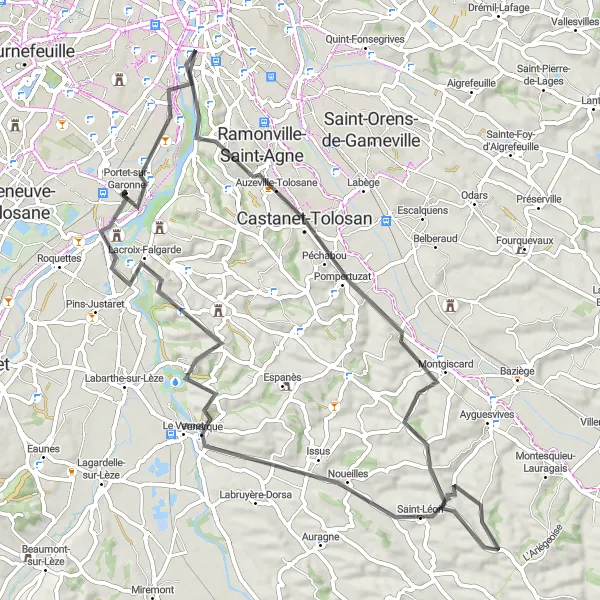 Miniatuurkaart van de fietsinspiratie "Landschappen van de Haute-Garonne" in Midi-Pyrénées, France. Gemaakt door de Tarmacs.app fietsrouteplanner