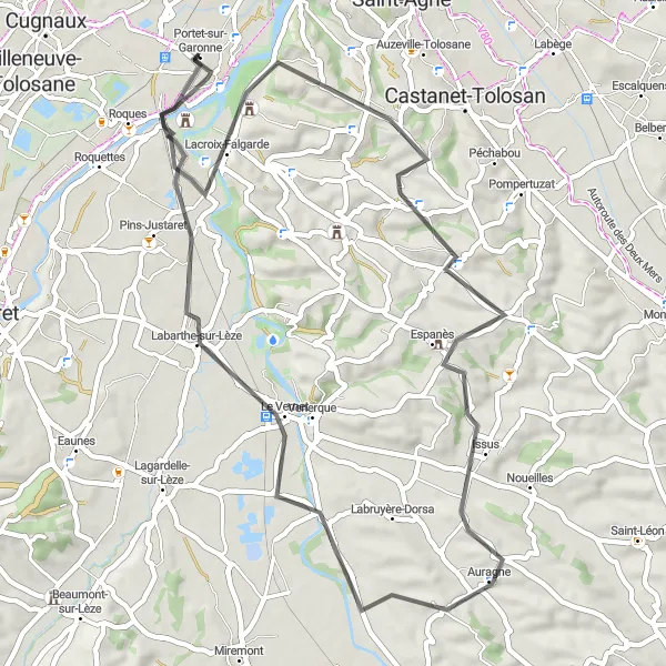 Mapa miniatúra "Cyklotrasa cez Vieille-Toulouse, Espanès a ďalšie" cyklistická inšpirácia v Midi-Pyrénées, France. Vygenerované cyklistickým plánovačom trás Tarmacs.app