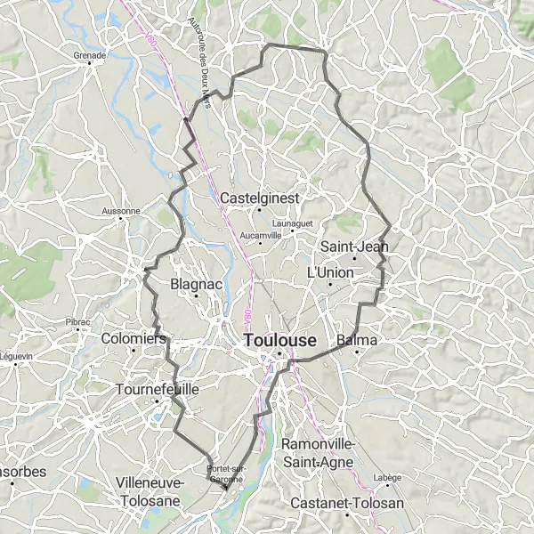 Miniatua del mapa de inspiración ciclista "Recorrido de 86 km desde Portet-sur-Garonne" en Midi-Pyrénées, France. Generado por Tarmacs.app planificador de rutas ciclistas