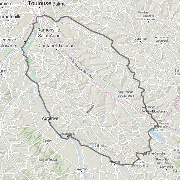 Miniature de la carte de l'inspiration cycliste "Les collines de Lauragais" dans la Midi-Pyrénées, France. Générée par le planificateur d'itinéraire cycliste Tarmacs.app