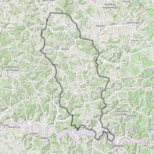 Map miniature of "Cycling through Quercy Noir" cycling inspiration in Midi-Pyrénées, France. Generated by Tarmacs.app cycling route planner