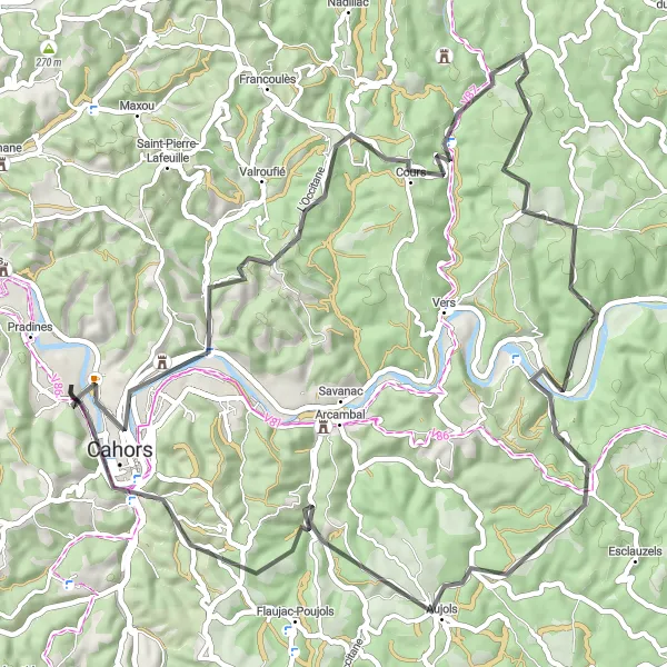 Miniatua del mapa de inspiración ciclista "Vistas panorámicas de Cahors" en Midi-Pyrénées, France. Generado por Tarmacs.app planificador de rutas ciclistas