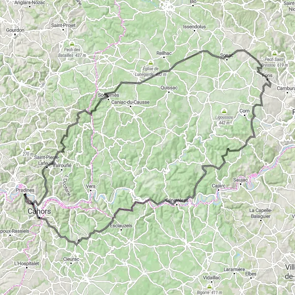 Miniaturní mapa "Okružní cyklistická trasa od Pradines (Midi-Pyrénées, Francie)" inspirace pro cyklisty v oblasti Midi-Pyrénées, France. Vytvořeno pomocí plánovače tras Tarmacs.app