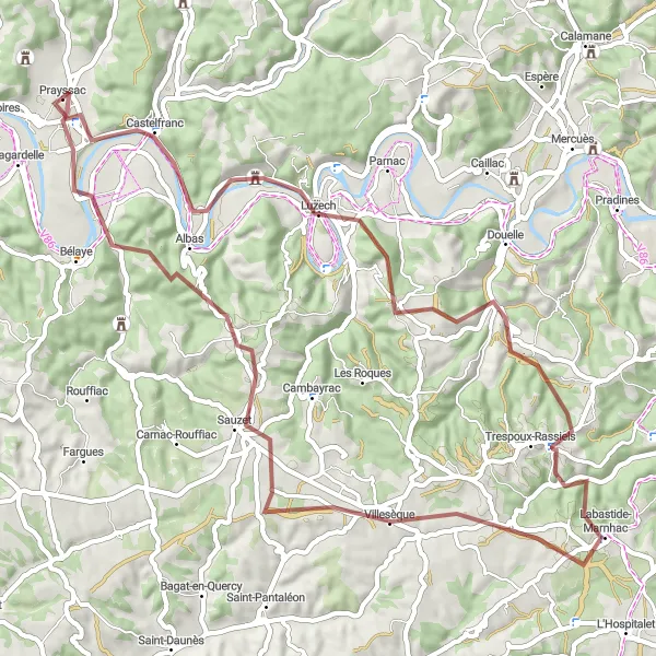 Karttaminiaatyyri "Loistava mutkikas lenkki lähellä Prayssacia" pyöräilyinspiraatiosta alueella Midi-Pyrénées, France. Luotu Tarmacs.app pyöräilyreittisuunnittelijalla