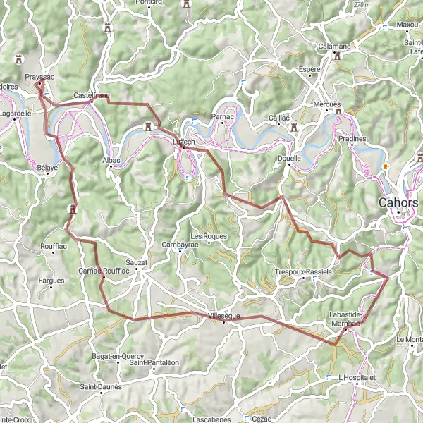 Map miniature of "Castelfranc to Anglars-Juillac Adventure" cycling inspiration in Midi-Pyrénées, France. Generated by Tarmacs.app cycling route planner