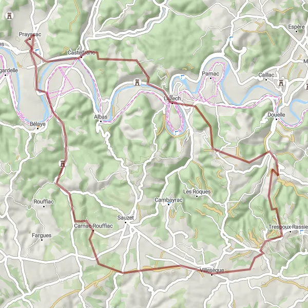 Karttaminiaatyyri "Gravel-pyöräilyreitti L'Impernalista Anglars-Juillaciin" pyöräilyinspiraatiosta alueella Midi-Pyrénées, France. Luotu Tarmacs.app pyöräilyreittisuunnittelijalla