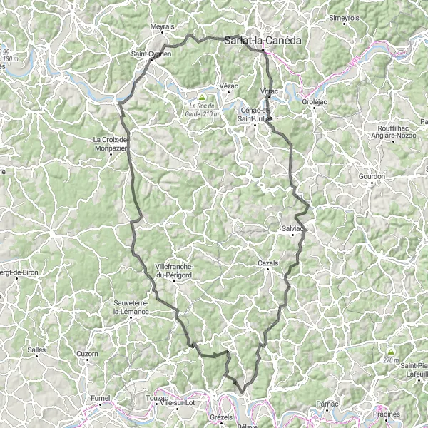 Miniaturní mapa "Venkovská trasa kolem Prayssac" inspirace pro cyklisty v oblasti Midi-Pyrénées, France. Vytvořeno pomocí plánovače tras Tarmacs.app