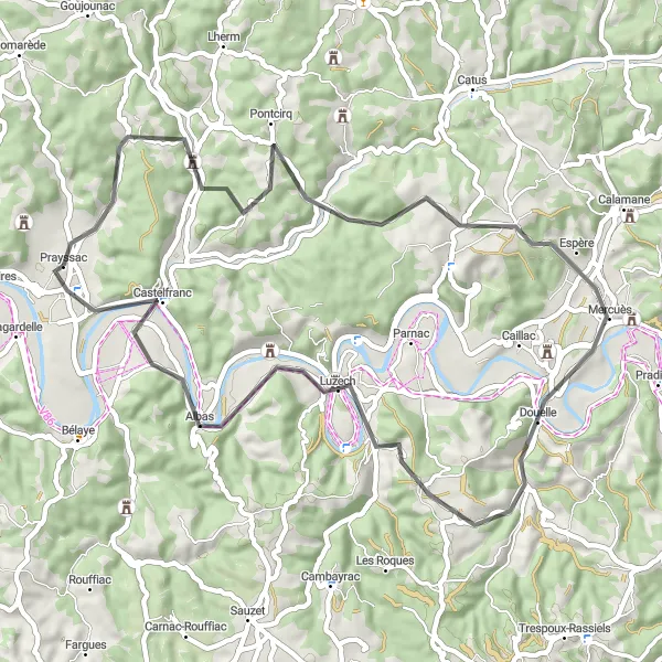Miniaturní mapa "Okruh kolem Pontcirq" inspirace pro cyklisty v oblasti Midi-Pyrénées, France. Vytvořeno pomocí plánovače tras Tarmacs.app