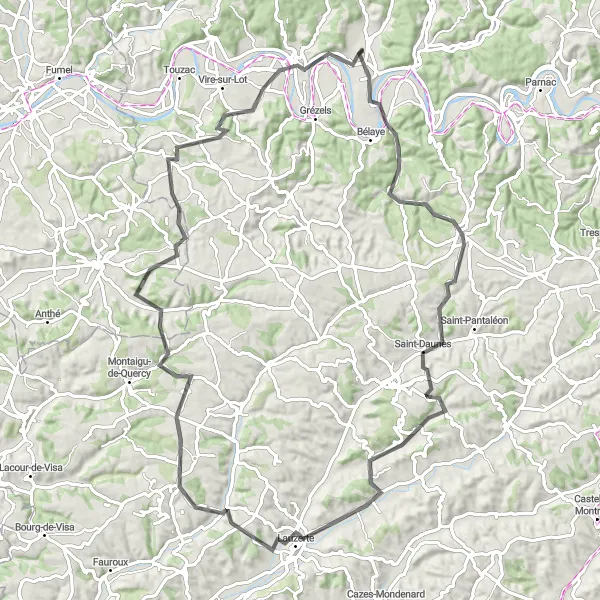 Miniaturní mapa "Prayssac a zpět" inspirace pro cyklisty v oblasti Midi-Pyrénées, France. Vytvořeno pomocí plánovače tras Tarmacs.app