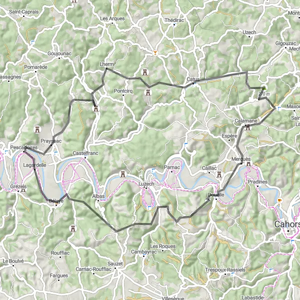 Miniatuurkaart van de fietsinspiratie "Historische Weg langs de Lot" in Midi-Pyrénées, France. Gemaakt door de Tarmacs.app fietsrouteplanner