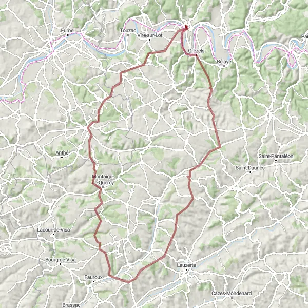 Miniatua del mapa de inspiración ciclista "Ruta de Puy-l'Évêque a Lacapelle-Cabanac" en Midi-Pyrénées, France. Generado por Tarmacs.app planificador de rutas ciclistas