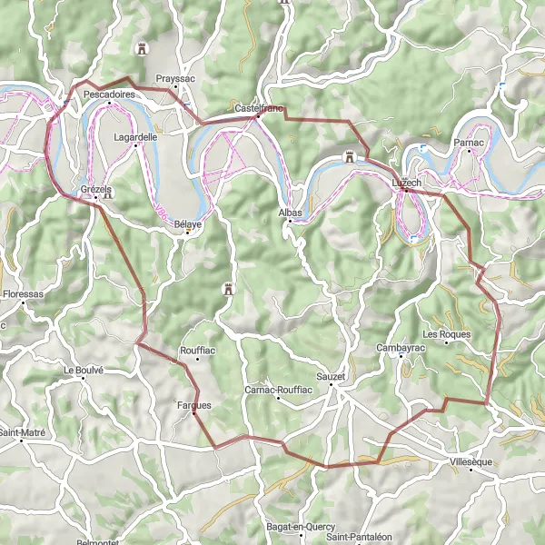 Miniatua del mapa de inspiración ciclista "Ruta de Gravel de Prayssac a Grézels" en Midi-Pyrénées, France. Generado por Tarmacs.app planificador de rutas ciclistas