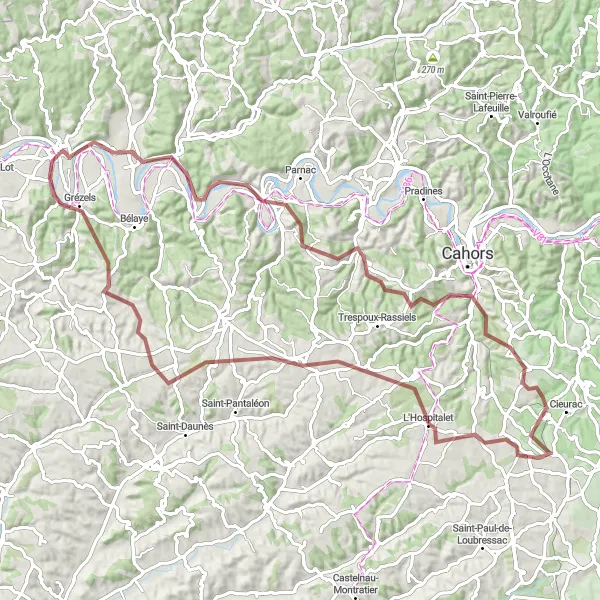 Zemljevid v pomanjšavi "Challenging Gravel Loop from Puy-l'Évêque" kolesarske inspiracije v Midi-Pyrénées, France. Generirano z načrtovalcem kolesarskih poti Tarmacs.app