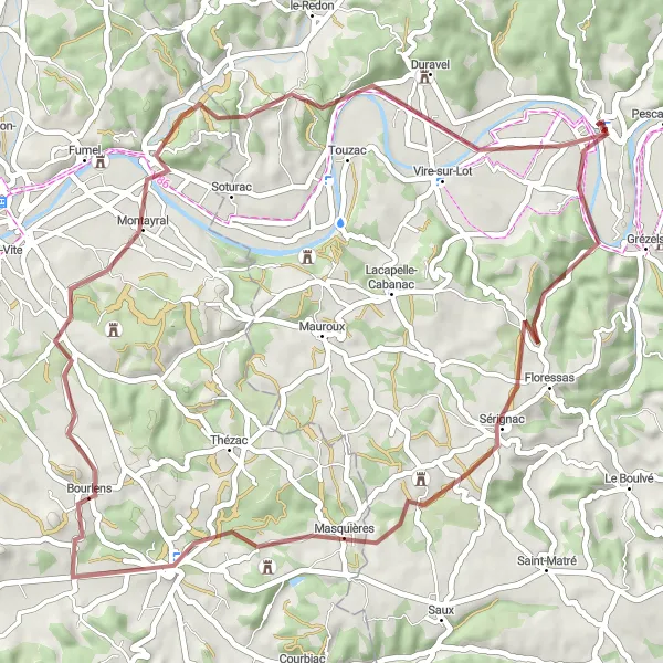 Miniaturní mapa "Gravelová cesta kolem Puy-l'Évêque" inspirace pro cyklisty v oblasti Midi-Pyrénées, France. Vytvořeno pomocí plánovače tras Tarmacs.app