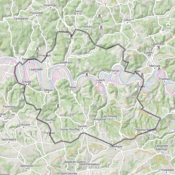 Miniature de la carte de l'inspiration cycliste "La boucle pittoresque de Prayssac" dans la Midi-Pyrénées, France. Générée par le planificateur d'itinéraire cycliste Tarmacs.app