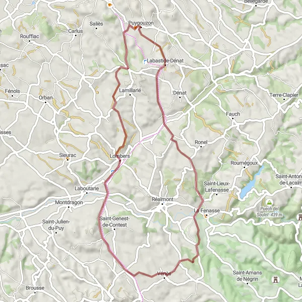 Miniatua del mapa de inspiración ciclista "Ruta de 50 km en grava alrededor de Puygouzon" en Midi-Pyrénées, France. Generado por Tarmacs.app planificador de rutas ciclistas