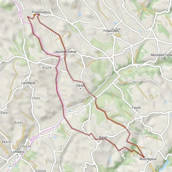 Miniaturní mapa "Trasa s oblíbenými místy v okolí Puygouzonu" inspirace pro cyklisty v oblasti Midi-Pyrénées, France. Vytvořeno pomocí plánovače tras Tarmacs.app