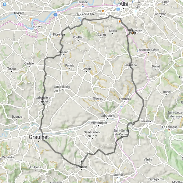 Miniaturekort af cykelinspirationen "Graulhet Loop fra Puygouzon" i Midi-Pyrénées, France. Genereret af Tarmacs.app cykelruteplanlægger