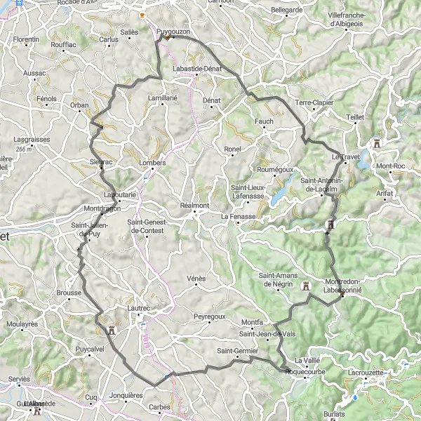 Miniatuurkaart van de fietsinspiratie "Roc Long en Montdragon" in Midi-Pyrénées, France. Gemaakt door de Tarmacs.app fietsrouteplanner