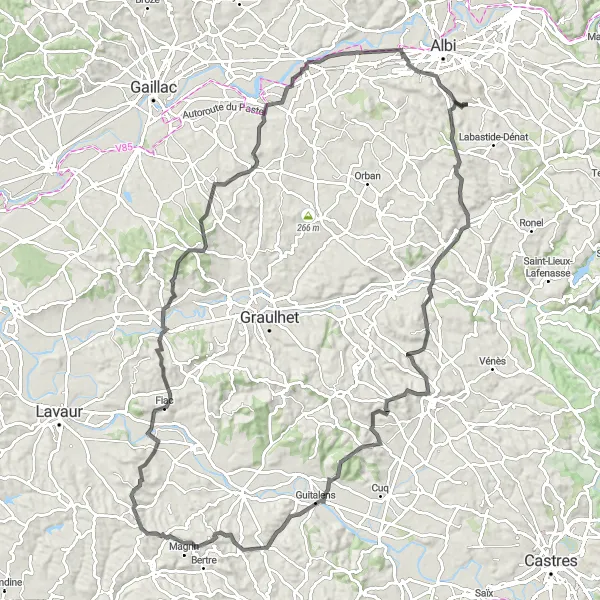 Miniatua del mapa de inspiración ciclista "Ruta del Tarn y Montañas cerca de Puygouzon" en Midi-Pyrénées, France. Generado por Tarmacs.app planificador de rutas ciclistas