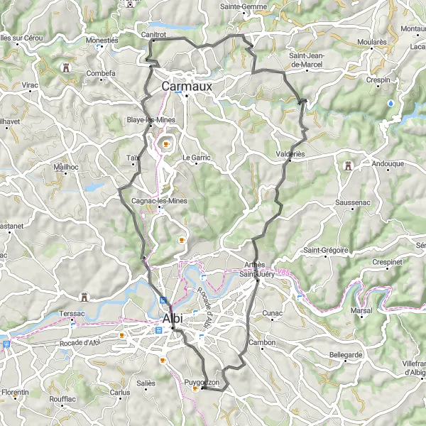 Map miniature of "Valderiès Circuit" cycling inspiration in Midi-Pyrénées, France. Generated by Tarmacs.app cycling route planner